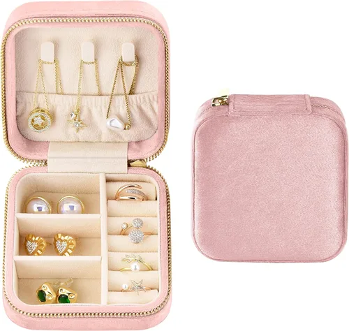 TAIMY Joyero de viaje de terciopelo de felpa, pequeño estuche de joyería de viaje, mini cajas organizadoras de viaje portátiles para anillos,