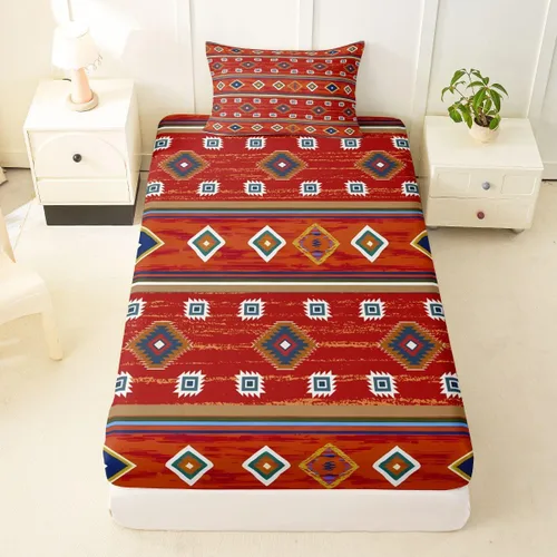 Miniatura 63 de Juego de ropa de cama occidental tamaño individual, sábanas aztecas, estilo nórdico exótico, bohemio, sábana bajera ajustable de tribu india
