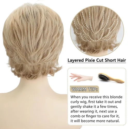 Miniatura 5 de TISHINING Pelucas Rizadas Cortas de Corte Pixie Ombre Rubias para Mujeres Blancas Peluca Rubia Mixta Esponjosa en Capas con Flequillo de Aspecto