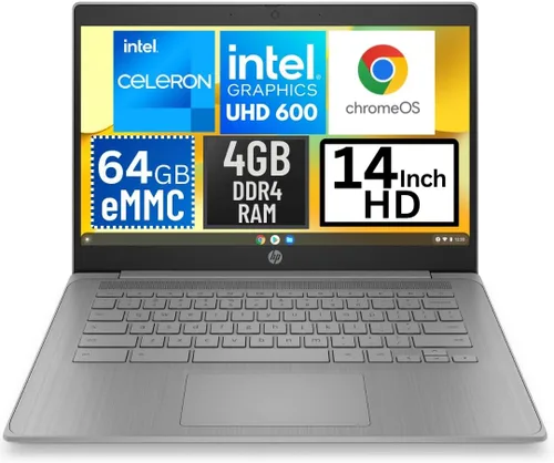 HP 14a-ne0013dx - Laptop Chromebook HD de 14 pulgadas, Intel Celeron N4120, 1.1 GHz, 4 GB, DDR4 RAM, 64 GB, eMMC, Intel UHD Graphics 600, Wi-Fi,
