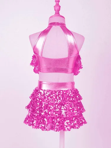 Miniatura 4 de YiZYiF Conjunto de 2 piezas de baile con lentejuelas para niñas y niñas, top corto metálico con falda, disfraz de baile latino de jazz