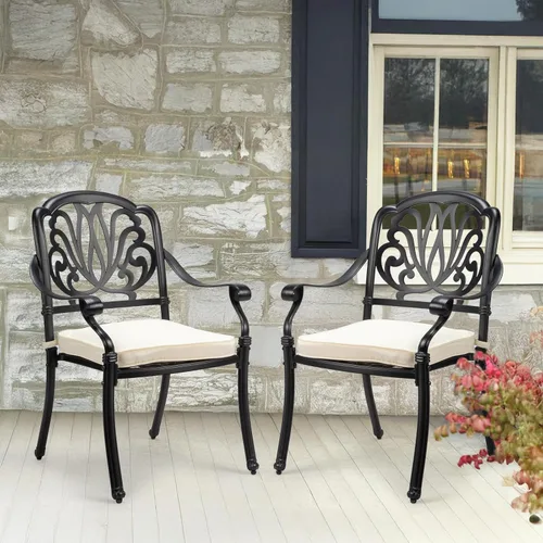 Miniatura 7 de VINGLI Juego de 2 sillas de patio apilables de aluminio fundido para exteriores con acabado negro vintage y patrón floral, sillones de metal