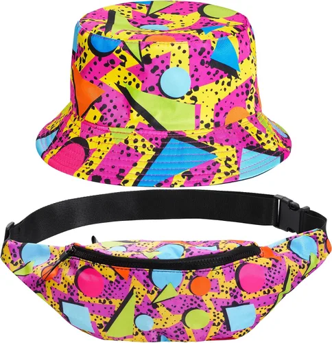 Riñonera de los años 80 y 90 para mujeres y hombres, cangurera de neón, sombrero de los años 90, traje casual retro para disfraz de los años 8090,