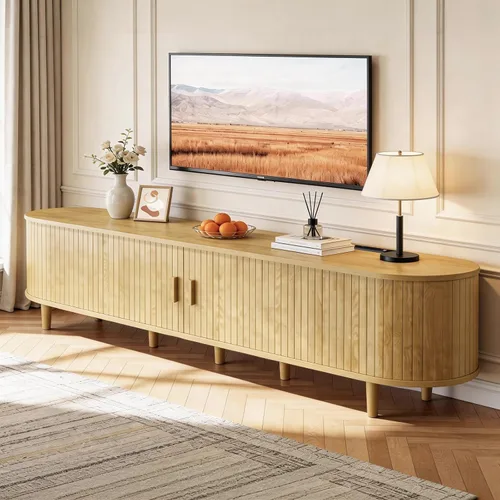 Miniatura 9 de Soporte de TV moderno de mediados de siglo de 58 pulgadas con toma de corriente, centro de entretenimiento acanalado con almacenamiento y estantes