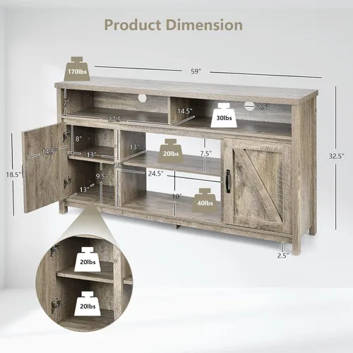 Miniatura 5 de Tangkula Moderno soporte de TV de granja, gabinete de almacenamiento de 59 pulgadas para televisores de hasta 65 pulgadas, puertas dobles de Negro