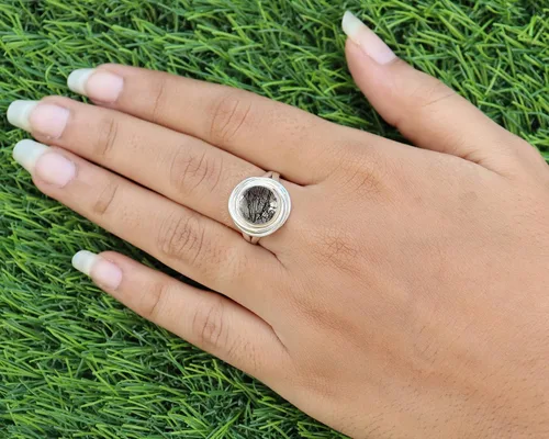 Miniatura 2 de Black Rutilated Quartz Ring Natural Round Cabochon Black Rutile Ring Sterling Silver 925 Handmade Jewelry