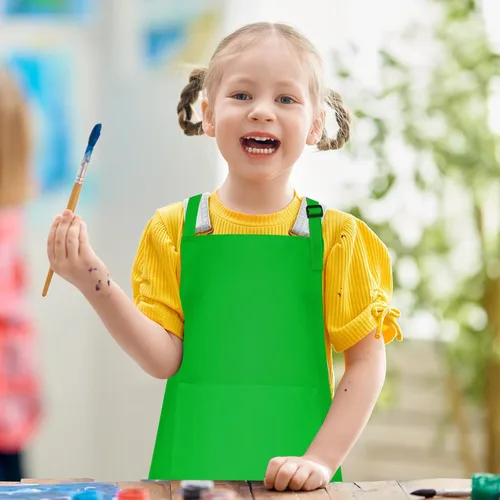 Miniatura 6 de Juego de 5 delantales para niños, delantal ajustable para niños con 2 bolsillos, delantales de chef para niños para pintar, cocinar, hornear, Verde