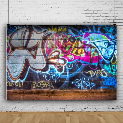 Miniatura 2 de Yeele Fondo de pared de graffiti retro de 5 x 3 pies, pared de ladrillo rústico de los años 80 y 90, dibujo a mano, pintura de graffiti, tema de hip