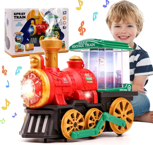 Juguete eléctrico de tren de vapor para niños pequeños de 3 a 5 años, camión Bump and Go con locomotora de vapor, humo, luz y sonido, rotación de