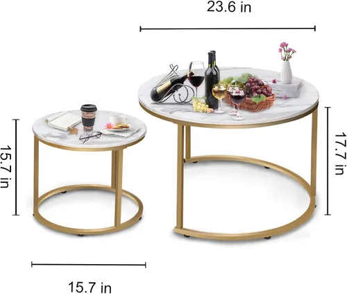 Miniatura 3 de Garden 4 you Mesa auxiliar anidable de mármol blanco sintético para lugares pequeños, 2 juegos de muebles modernos, juegos de sala de estar, mesa
