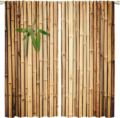 Miniatura 23 de Cortinas con estampado de bambú, tallos y hojas de bambú, temática oriental natural, oscurecimiento de habitación, ventana, ventana, cortina