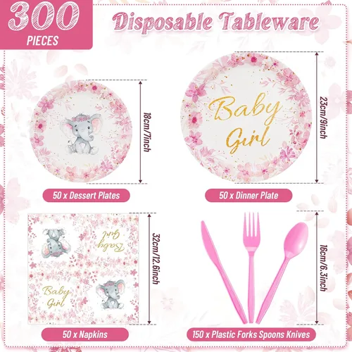 Miniatura 2 de Bokon Juego de 300 platos de elefante para baby shower, para 50 vajillas, incluye platos, servilletas, tenedores, cucharas, cuchillos, elefante