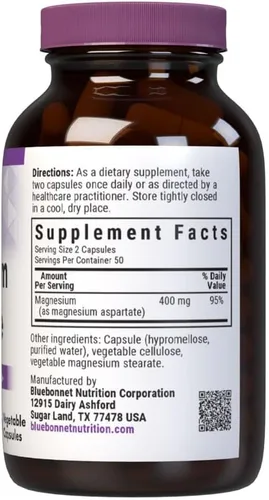 Miniatura 2 de Bluebonnet Nutrition Magnesio 400 mg de aspartato de magnesio quelatado diario mineral, corazón y hueso* Suplemento para hombres y mujeres vegano
