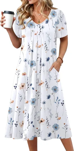 Miniatura 27 de Zeagoo Vestido de verano para mujer, casual, floral, midi, con bolsillos, cuello en V, plisado, manga corta, estilo alineado, para vacaciones