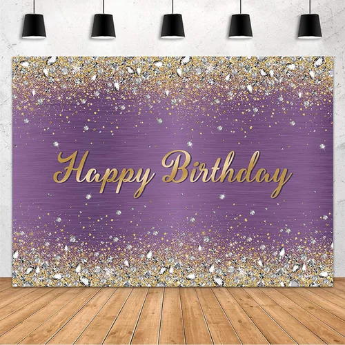 Miniatura 19 de MEHOFOND Telón de Fondo de Decoraciones de Fiesta de Cumpleaños Morado de 7x5 pies con Brillos Dorados Relucientes y Diamantes para Decoración