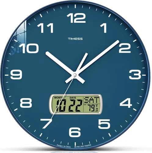 Miniatura 12 de Reloj de pared TIMESS, esfera de 10" sin tictac, silencioso, funciona con pilas, analógico con pantalla LCD para calendario perpetuo y temperatura