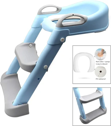 Miniatura 3 de Asiento clásico de escalera de inodoro con cojín mejorado, silla de inodoro/entrenador de inodoro para bebés niños pequeños en azul