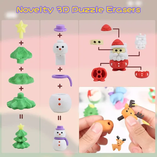 Miniatura 3 de Kleeblatt Borradores de Navidad ensamblables 3D, 45 unidades, Papá Noel, reno, muñeco de nieve, árbol de Navidad, regalos creativos para niños