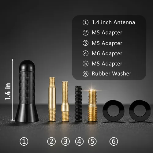 Miniatura 8 de Antena corta de fibra de carbono de 1.4 pulgadas compatible con Ford, Dodge, Toyota, Nissan, Mazda Radio AM/FM de aluminio negro mástil aéreo