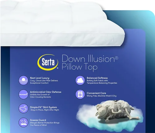 Miniatura 6 de SERTA Down Illusion - Cubrecolchón suave hipoalergénico de 2 pulgadas con parte superior de almohada, ajuste simple, individual, color blanco