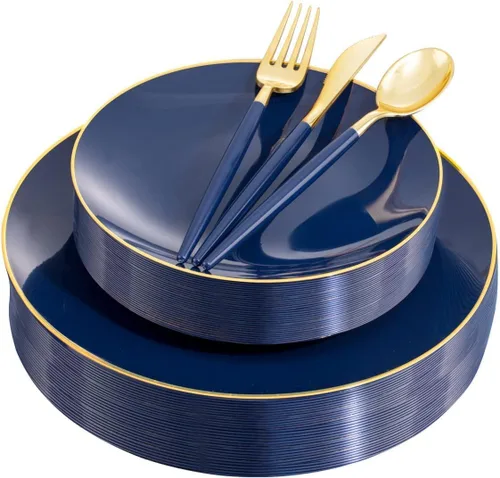 Miniatura 12 de Liacere - 150 platos de plástico plateado transparente y cubiertos desechables de plástico plateado con mango de bambú con purpurina - Platos