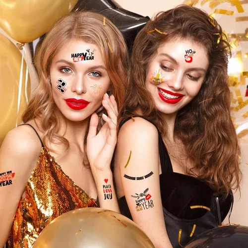 Miniatura 7 de 65 piezas de suministros para fiesta de Año Nuevo, 12 hojas de calcomanías de tatuajes temporales, decoraciones de feliz año nuevo, decoración NYE