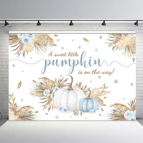 MEHOFOND Telón de fondo bohemio de calabaza pequeña de 7 x 5 pies para niño, baby shower, hojas de otoño, hierba de pampas, hierba de Acción de