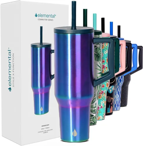 Miniatura 40 de Elemental Vaso de 40 onzas con asa y popote - A prueba de derrames, aislado de acero inoxidable para uso diario - Taza de café de viaje con 2
