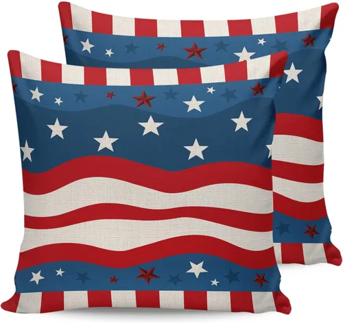 Miniatura 7 de Funda de almohada impermeable para el Día de la Independencia para exteriores, diseño de estrella en ondas rojas y azules, fundas de cojín