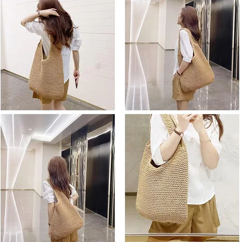 Miniatura 5 de QTKJ Bolso de hombro de paja grande y suave tejida a mano, estilo bohemio, con asa de pajilla, estilo retro, para verano, playa, de ratán