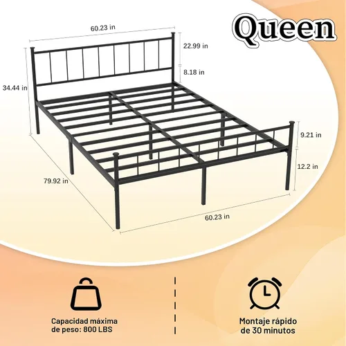 Miniatura 2 de Marco de cama de plataforma de metal, cama de hierro de estilo victoriano con cabecero, marco resistente y listones, almacenamiento debajo