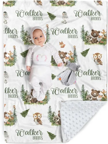 Miniatura 23 de Manta de bebé personalizada, nombre personalizado con diseño de animales del bosque, manta de felpa suave con respaldo punteado de doble capa