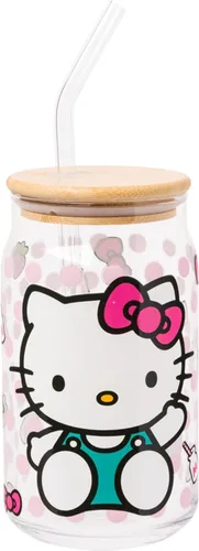 Miniatura 18 de Silver Buffalo Sanrio - Vaso de vidrio rosa con tapa de bambú y sorbete de vidrio de Hello Kitty, 16 onzas Hello Kitty Agitando