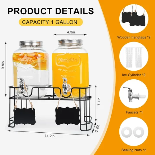 Miniatura 2 de Paquete de 2 dispensadores de bebidas de vidrio de 1 galón para fiestas - Dispensador de bebidas a prueba de fugas con soporte, grifo, cilindro