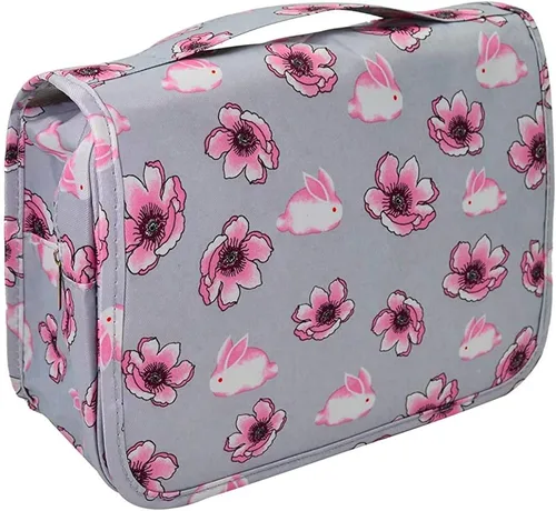 Trawila Neceser colgante de viaje, bolsa de cosméticos, organizador de maquillaje para hombres y mujeres con gancho resistente, Gris (Grey Flower),