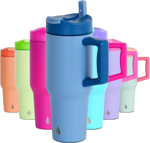 Miniatura 33 de Elemental Vaso de 40 onzas con asa y popote - A prueba de derrames, aislado de acero inoxidable para uso diario - Taza de café de viaje con 2