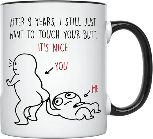 YouNique Designs Taza de café del 9º aniversario, 11 onzas, divertida taza de noveno aniversario de boda para él y ella (mango negro)