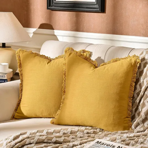 Miniatura 18 de AmHoo Paquete de 2 fundas de almohada de lino con borlas con flecos decorativas rústicas naturales para cojín de sofá, sofá, dormitorio 16 x 16 Beige