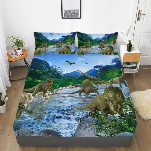 Miniatura 8 de Juego de sábanas de dinosaurios tamaño individual para niños, juego de sábanas bajeras realistas 3D de dinosaurio verde de la selva antigua, juego