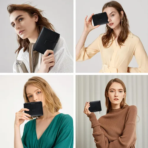 Miniatura 9 de Airkit Cartera para mujer, pequeña cartera de cuero para mujer, plegable, compacta, con bloqueo RFID, tarjetero de crédito, mini bolso de viaje
