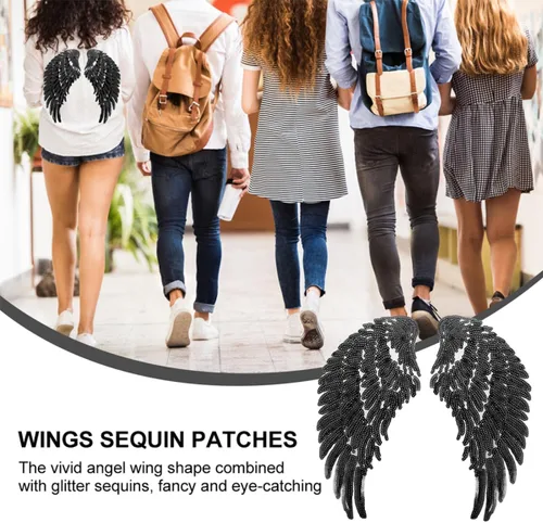 Miniatura 3 de Amosfun Sequin Angel Wings Embroidered Iron-on Clothes Applique Patch 2 Pairs Black DIY Garment Sewing Decor for Jackets Shirts Craft
