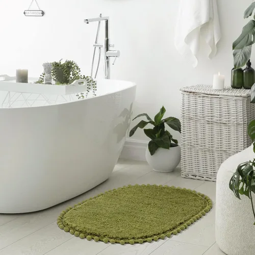 Miniatura 9 de YIRDDEO - Alfombra de baño verde oliva con pompones para baño, antideslizante, linda alfombra de baño boho con pompones ovalados absorbentes