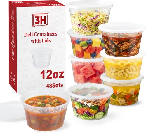 Miniatura 15 de Recipientes de 8 onzas con tapas (48 juegos/96 piezas) pequeños recipientes de plástico para aperitivos, congelador, microondas, sin BPA