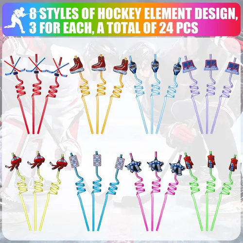 Miniatura 4 de Roshtia Paquete de 24 popotes de hockey, popotes rizados reutilizables con decoraciones de hockey sobre hielo, popotes de bebida diaria