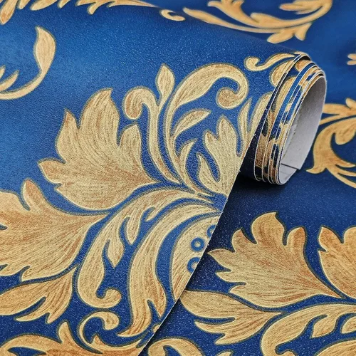 Miniatura 6 de 088 Papel tapiz de lujo para despegar y pegar de damasco, 17.7 pulgadas x 9.8 pies, color azul/marrón, extraíble, autoadhesivo, para estantes