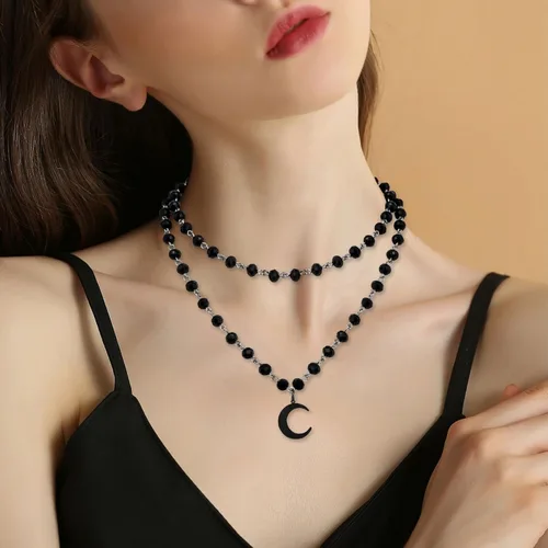 Miniatura 6 de Collar de luna para mujer, collar de luna creciente negra en capas, collar de joyería de bruja gótica, collar de cuentas de ónix, collar gótico