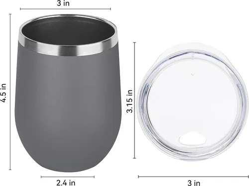 Miniatura 4 de DOMICARE - Vaso de vino de 12 onzas con tapa, hecho de acero inoxidable con aislamiento al vacío de doble pared, paquete de 1 unidad, color gris