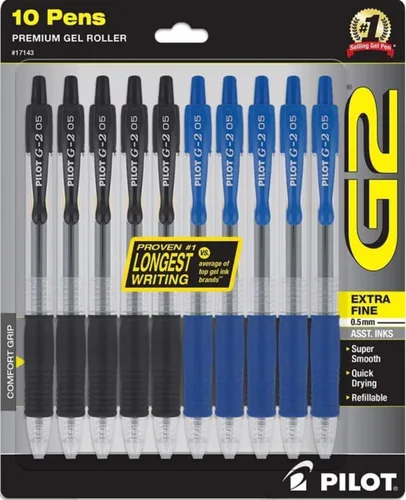 PILOT G2 - Bolígrafos de gel de alta calidad, punta extrafina de 0.020 in, bolígrafos recargables y retráctiles, 5 negros y 5 azules, paquete de 10