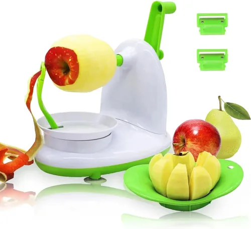 Pelador y descorazonador de manzana mejorado para manzana, pera y cítricos, dispositivo de cocina giratorio manual, incluye 2 cabezales de repuesto