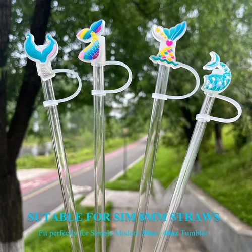 Miniatura 2 de Azul Accesorios Simples y Modernos para Tazas, Cubierta de Pajita con Patrón de Sirena para Vasos, Tapas de Pajita de Silicona para Amreich Simple